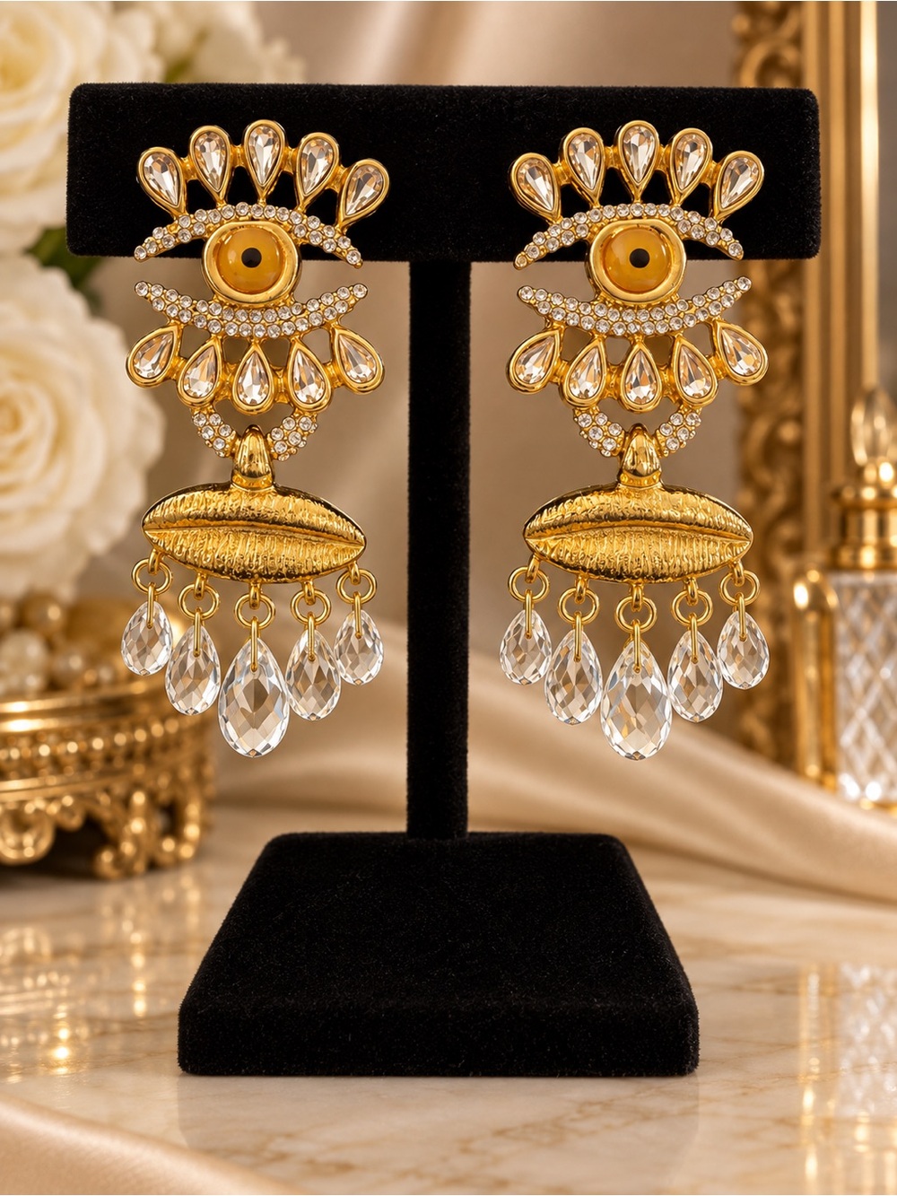 Gold Surrealist Eye Statement Earrings Rhinestone Crystal Chandelier Drops